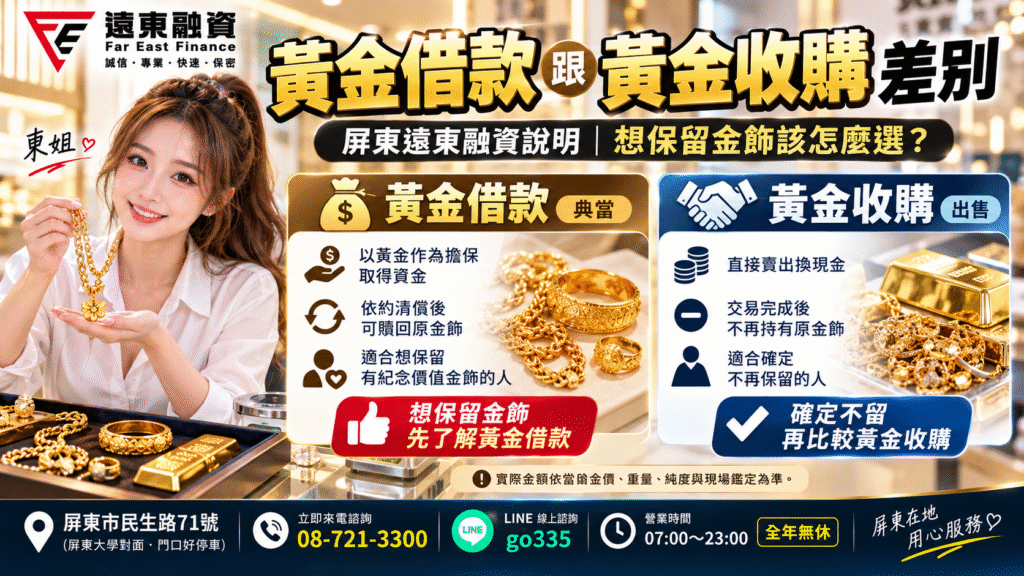 黃金借款跟黃金收購差別，屏東遠東融資說明想保留金飾